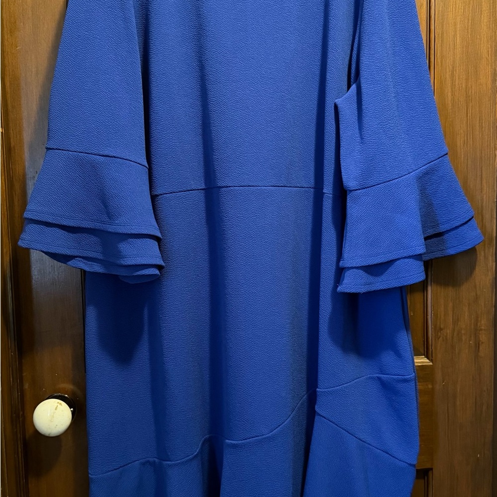 Avenue Cobalt Blue 3/4-Sleeve Dress with Tiered Ruffle Sleeves